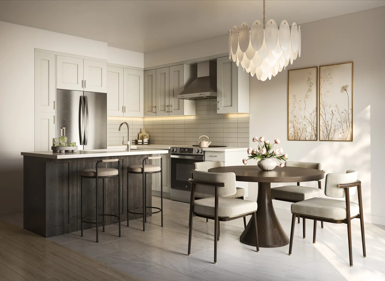Kitchen with island and quartz countertops at Cornerstone, artist's concept